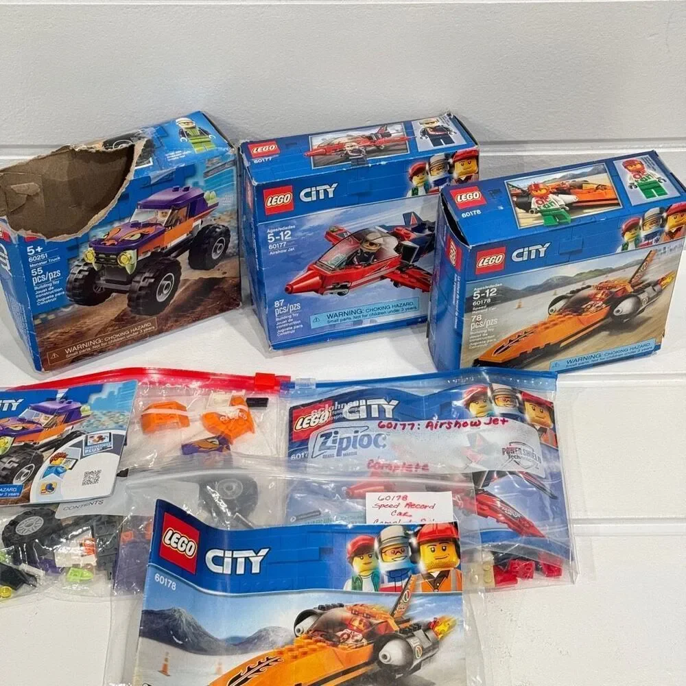 Lego City 3 Complete Sets Airshow Jet 60177 Speed Record Car 60178 Monster Truck
